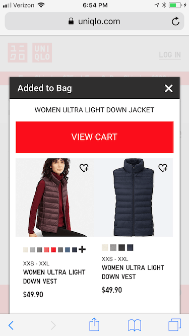 A mobile pop-in titled "Added to bag" screenshot for uniqlo.com. The product is listed and a button is labeled view cart. 