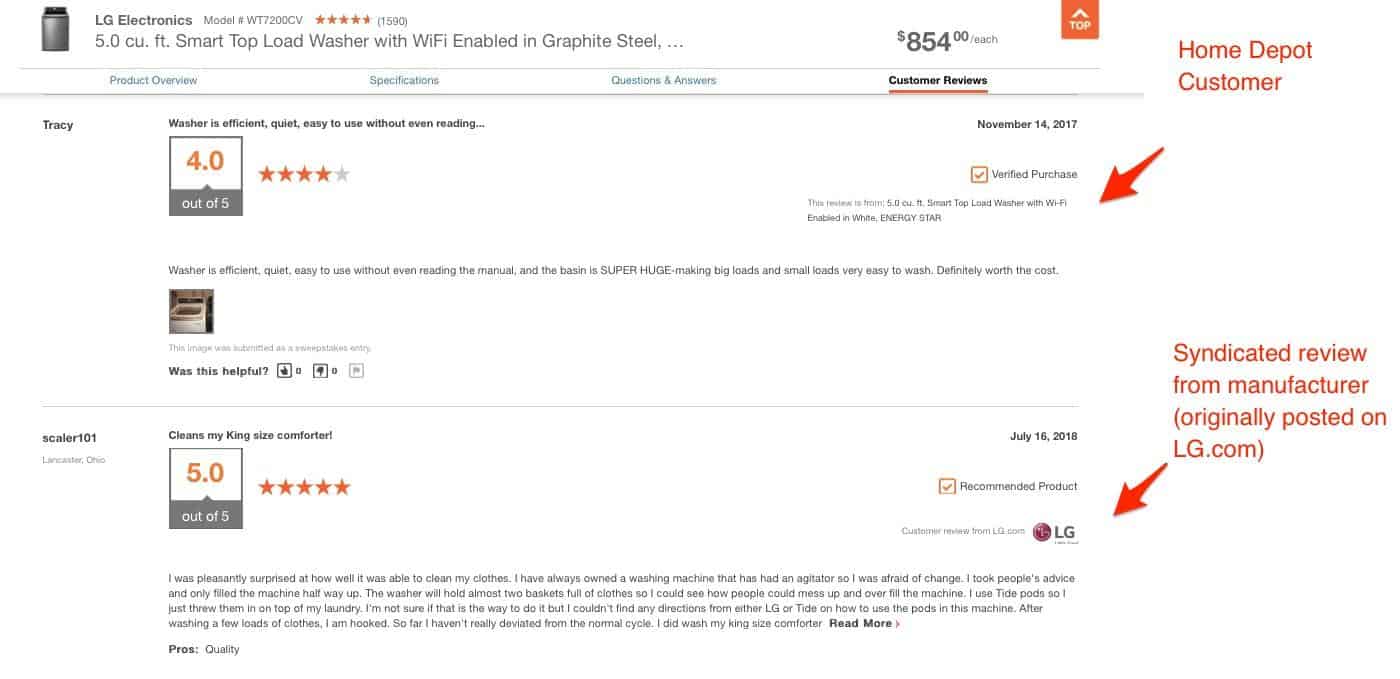 syndicated-reviews Two reviews for a washing machine on Home Depot. The first review is from a Home Depot customer. The second review is a syndicated review from manufacturer (originally posted on LG.com).
