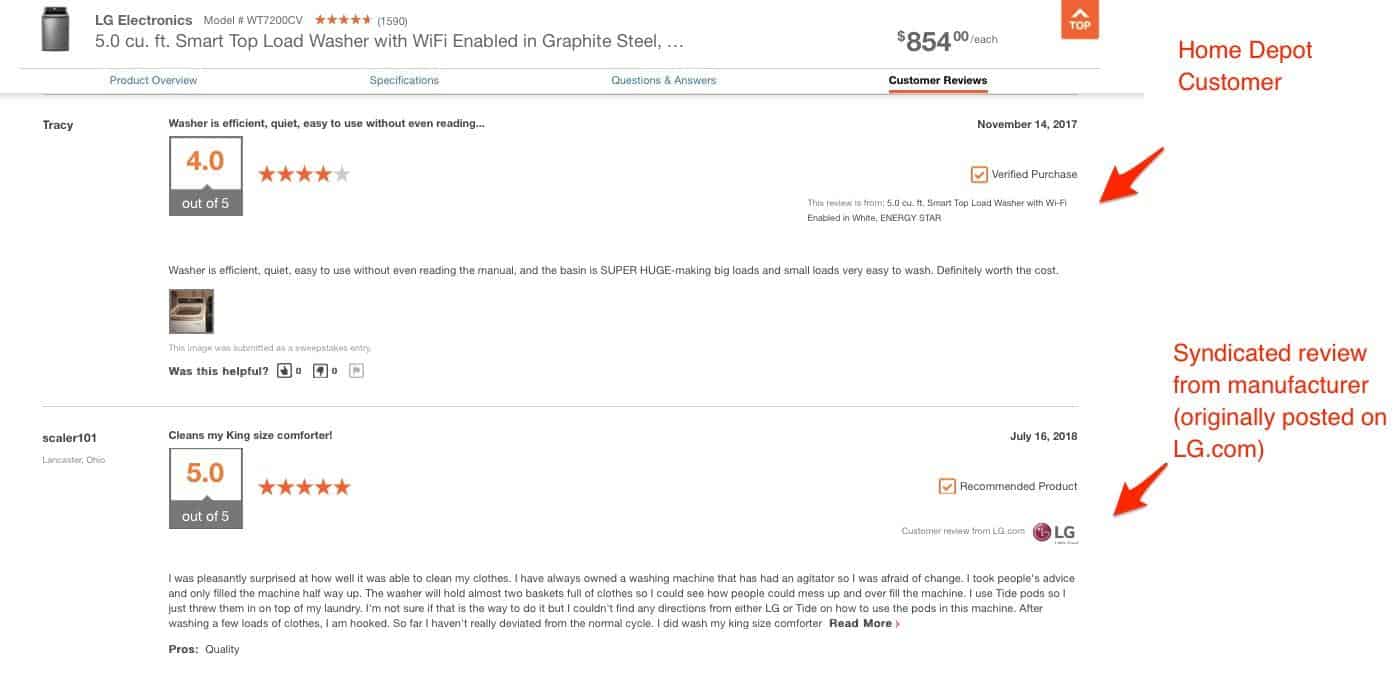 Two reviews for a washing machine on Home Depot. The first review is from a Home Depot customer. The second review is a syndicated review from manufacturer (originally posted on LG.com). 