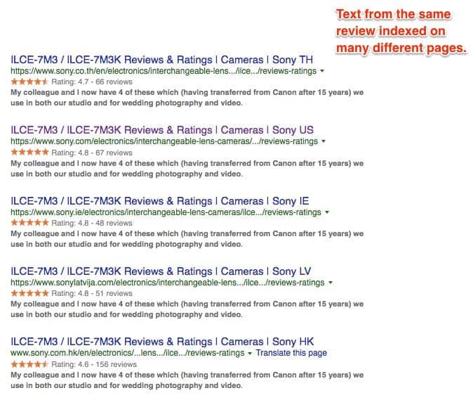 5 Google search results titled Text from the same review indexed on many different pages. Title of each search result is I L C E - 7 M 3/I L C E - 7 M 3 K reviews & ratings. The websites for each search result from top to bottom: sony.co.th, sony.com, sony.ie, sonylatvija.com, sony.com.hk. 