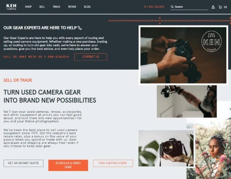 KEH.com homepage. The right side of the page consists of three photographs of people holding cameras and one photograph of a woman. The left side consists of two text sections titled: Our Gear Experts are Here to Help and Turn Used Camera Gear Into Brand New Possibilities. 