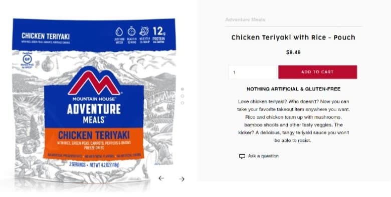 Mountain House webpage product description. A photograph of a Chicken teriyaki pouch on the left. On the right text states Chicken Teriyaki with Rice - Pouch, the price, and a short description.