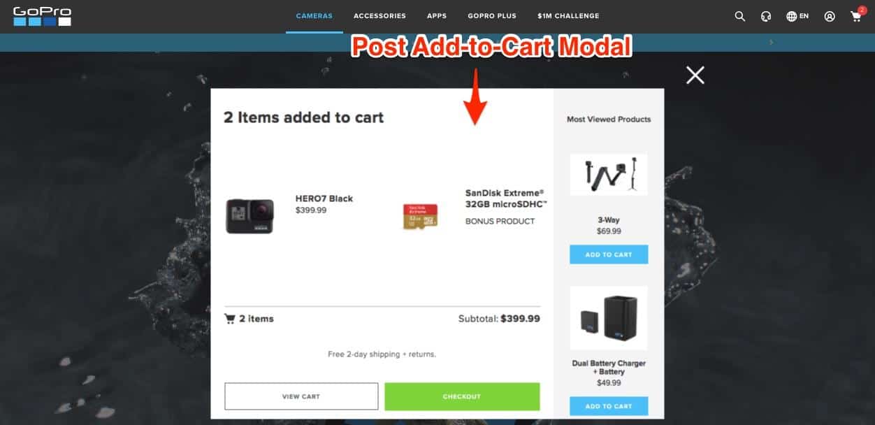 GoPro post add-to-cart modal. Text at top states "2 items added to cart" and then displays the items. Beneath two buttons labeled "view cart" and "checkout." Along the right side is a section titled Most viewed products. 