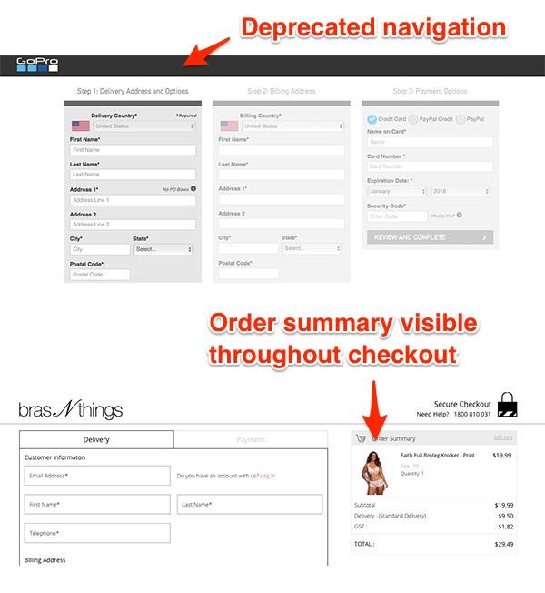 Checkout pages for GoPro and Bras N Things. GoPro page, an arrow labeled "Deprecated navigation" points to an empty black bar at the top of the page. Below are three sections labeled Step 1: Delivery address and options, Step 2: Billing Address, Step 3: Payment options. Bras N things page, an arrow labeled "order summary visible throughout checkout" points to the order summary on the right side of the checkout page.  