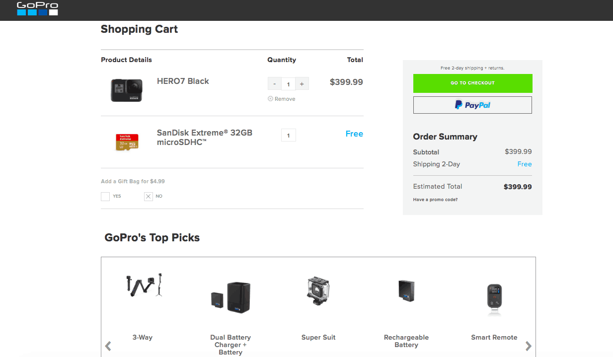 GoPro shopping cart page. Beneath the shopping cart details is a section titled GoPro's top picks and includes a carousel of other products.