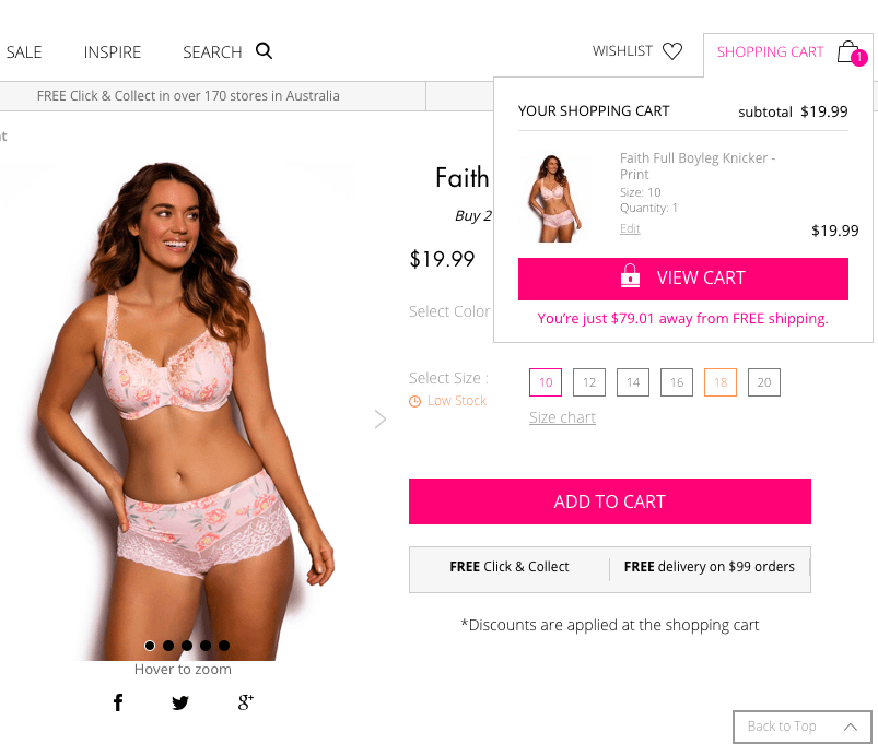 Bras N Things product detail page with an item added to the shopping cart displayed in the top right corner. At the bottom of the shopping cart text states: You're just .01 away from free shipping. 