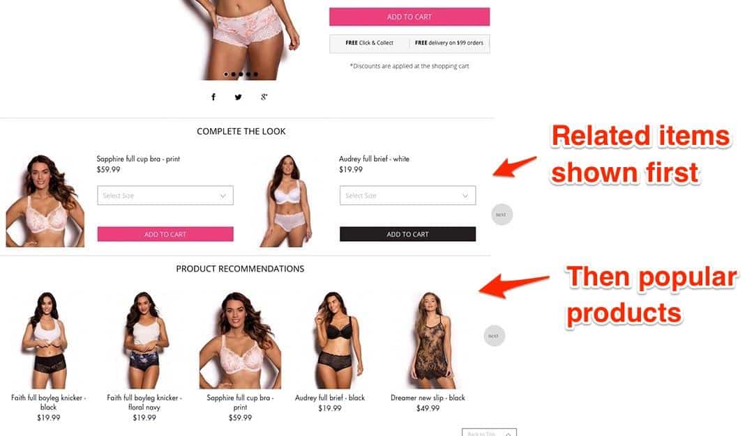 Bras N Things product detail page. Beneath the product detail are two products labeled Related items shown first. Below, are five products labeled Then popular products. 