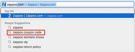 Google search for Zappos. The search menu extends to display search suggestions. Zappos coupon code is the second option. 