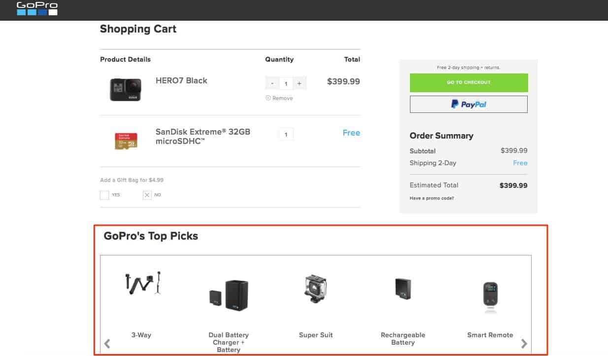 GoPro shopping cart page. Beneath the shopping cart details, which includes a Hero7 and a SanDisk microSDHC, is a section titled GoPro's top picks and includes a carousel of other products, including a 3-way, dual battery charter, super suit, rechargeable battery and smart remote. 