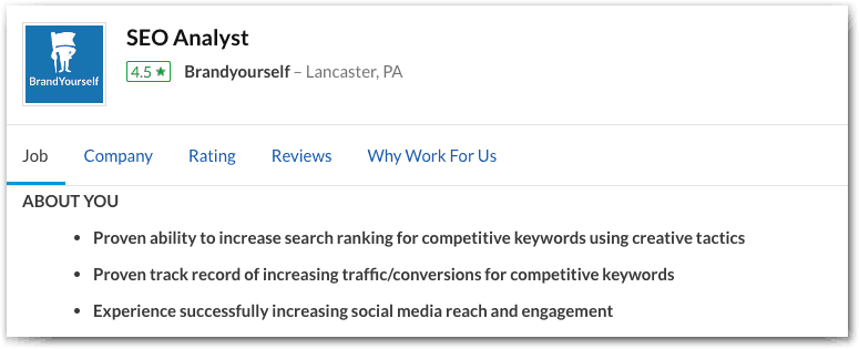 A job posting for S E O Analyst from BrandYourself. Three requirements as follows: Proven ability to increase search ranking for competitive keywords using creative tactics. Proven track record of increasing traffic/conversions for competitive keywords. Experience successfully increasing social media reach and engagement. 