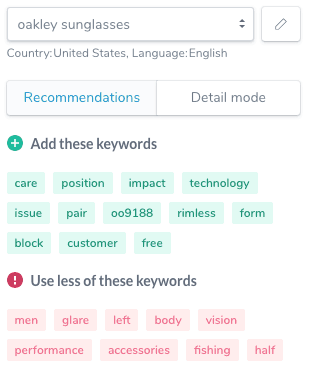 Ryte screenshot. At the top, a textbox with the text: Oakley sunglasses. Beneath a button labeled "Recommendations" is selected. Below two sections labeled "Add these keywords," which is followed by 12 keywords and "Use less of these keywords," which is followed by 9 keywords. 