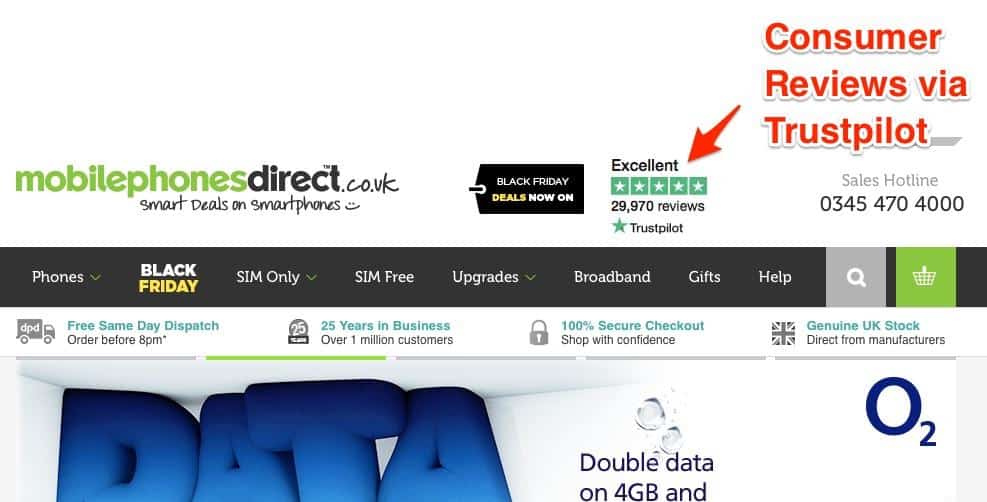 Mobilephonesdirect.co.uk homepage. At the top of the page is a consumer review section via Trustpilot, with the text "Excellent," then 5 stars, then "29,970 reviews." 