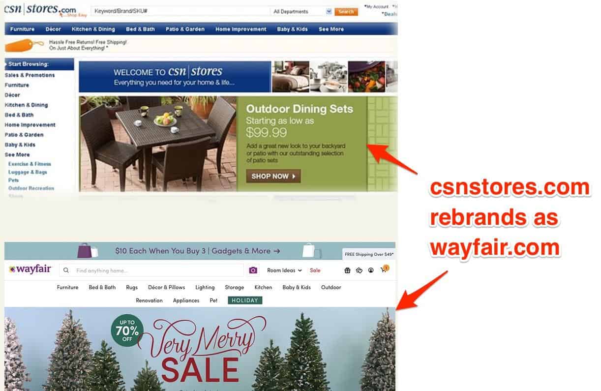 ecommerce-redesign-best-practices Two homepages of Csnstores.com and wayfair.com. Top, Csnstores.com consists of a menu across the top and the same menu along the left side with a series of photographs and two sections of text in the center. Bottom, wayfair.com consists of a single menu along the top and one image with text in the center of the page.