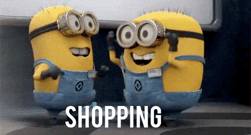 Shopping Minions Gif A gif of two minions screaming with excitement. Text states: Shopping.
