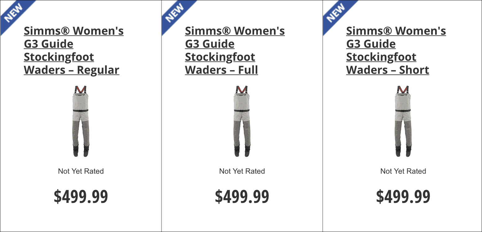 ecommerce-branding-simms-fishing-1 Three product details for Simms waders. Each product's price is 9.99.