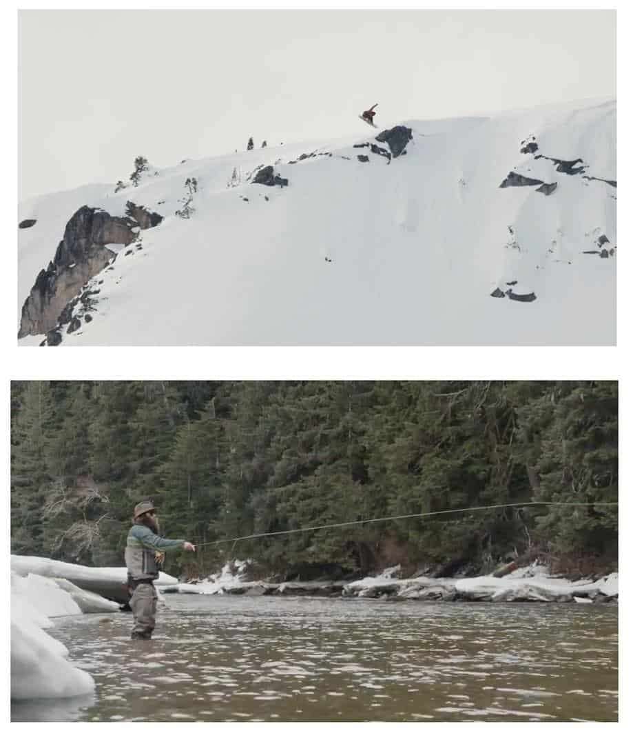 Two screenshots from the film Alignment. The top screenshot is of Eric Jackson snowboarding and airborne on a steep mountain side. The bottom screenshot is of Eric Jackson fly fishing in the wilderness. 