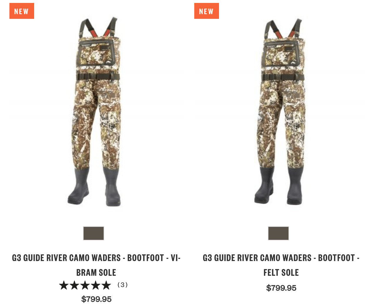 ecommerce-branding-simms-fishing-2 Two product details for Simms waders. Each product's price is 9.95.