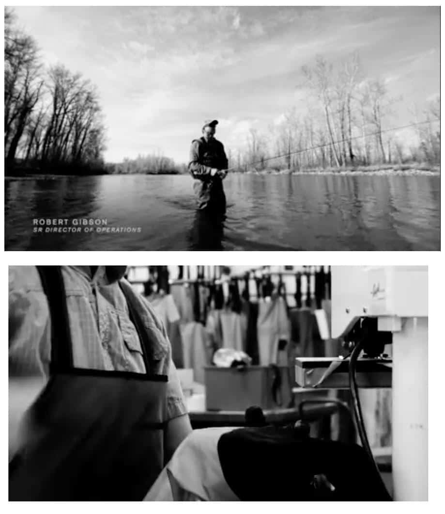ecommerce-branding-simms-fishing-3 Two black and white screenshots. The top screenshot is of Robert Gibson, Sr director of operations, fly fishing in a river. The bottom screenshot is of waders being made.