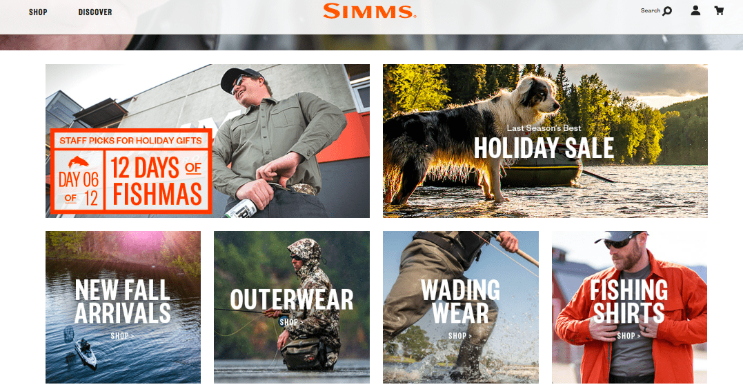 Simms homepage with six photographs with text for categories as follows: 12 days of Fishmas, Holiday sale, New fall arrivals, outerwear, wading wear, fishing shirts. Simms at the top of the page and 12 days of Fishmas are in orange text. 