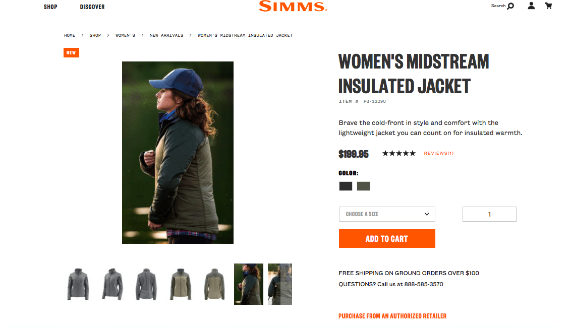 ecommerce-branding-simms-fishing-6 Simms product detail for Women's midstream insulated Jacket. The text is black and buttons and tags are orange.