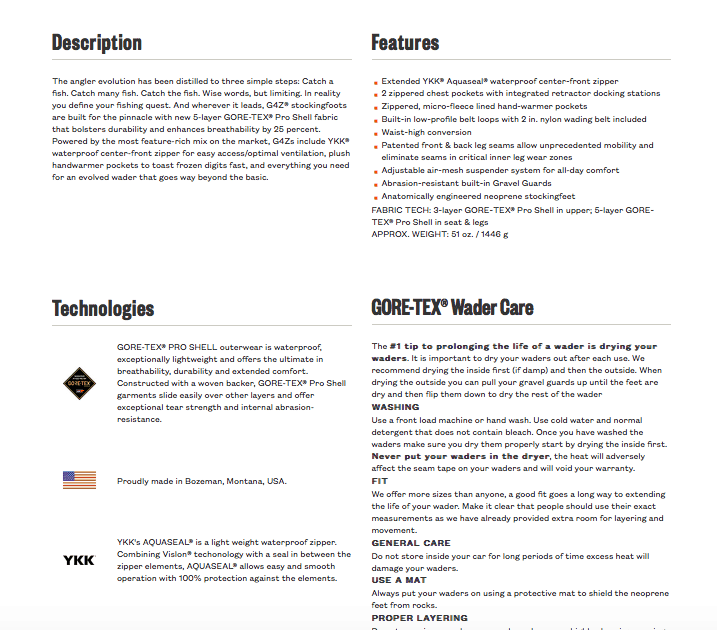 ecommerce-branding-simms-fishing-7 Simms product copy text includes four sections titled: Description, Features, Technologies, Gore-Tex Wader Care.