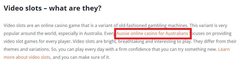 Blog screenshot: Video slots - what are they? Description of video slots follows, with a red box outlining certain linking anchor text: Aussie online casino for Australians.