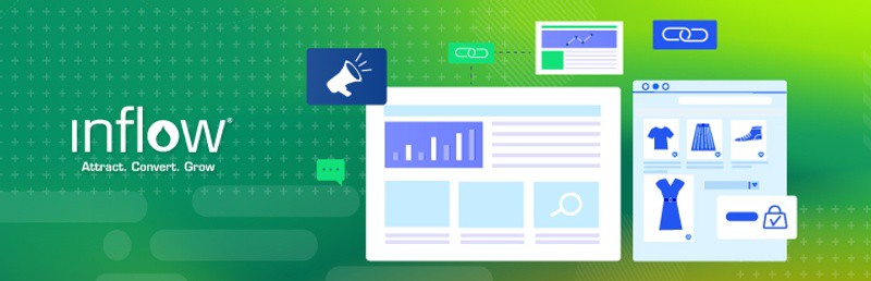 Two web pages, illustrated. One shows a blog homepage. The other shows an eCommerce product page with clothing and apparel. Logo: Inflow. Attract. Convert. Grow.