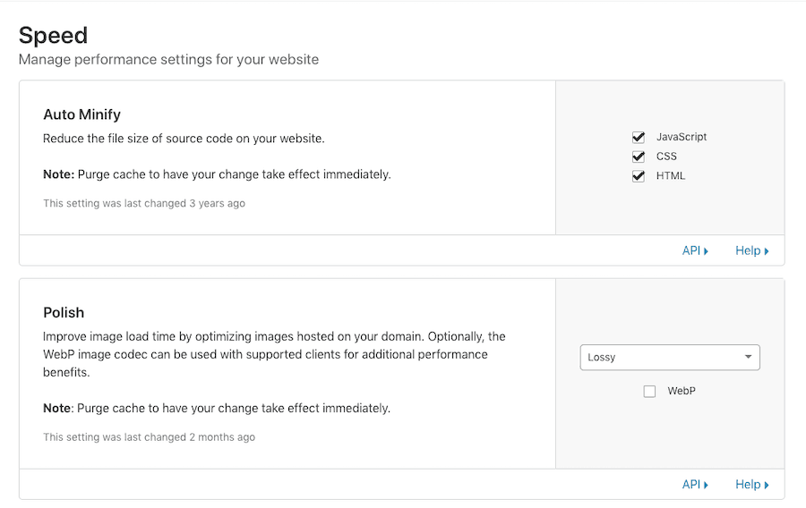 Cloudflare Speed screenshot. Two main sections titled: Auto minify, Polish. 