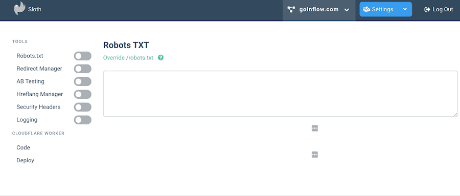 Sloth interface. A menu labeled Tools along the left side contains the following options: Robots.txt, redirect manager, A B testing, Hreflang manager, security headers, logging. The main screen is titled Robots T X T. 