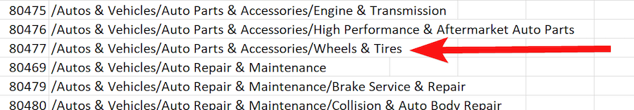 A screenshot of a column of 6 audience groups. The first three are: 80475: /Autos & vehicles/Auto Parts & Accessories/ Engine & Transmission, 80476: /Autos & vehicles/Auto Parts & Accessories/ High performance & Aftermarket Auto Parts, 80477: /Autos & vehicles/Auto Parts & Accessories/ Wheels & Tires. An arrow points to the third audience group. 