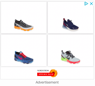 An ad with photographs of four types of athletic shoes in a square. 