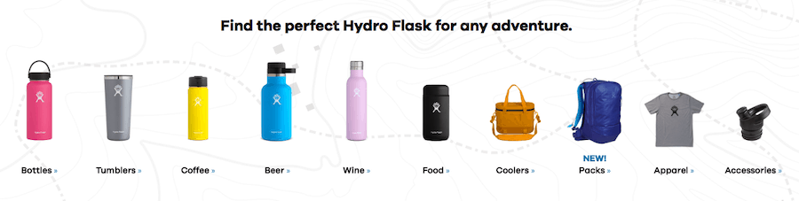 A screenshot titled "Find the perfect Hydro Flask for any adventure" followed by a row of 10 types of hydro flasks each with a photograph as follows: Bottles, tumblers, coffee, beer, wine, food, coolers, Packs, Apparel, Accessories. 