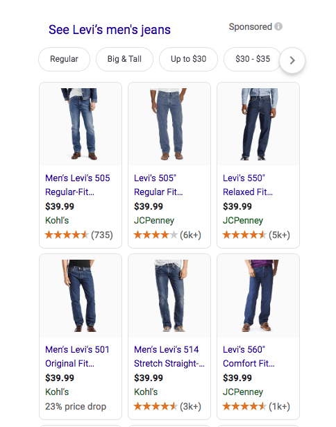 Google shopping ads screenshot for Levi's Men's Jeans. Six advertisements with a photograph of the product, the name of the specific type of Levi's jeans, the price, rating, and the stores which have them available. The titles of most of the product contain the word men's and the type of fit. The product titles all end in an ellipsis. 