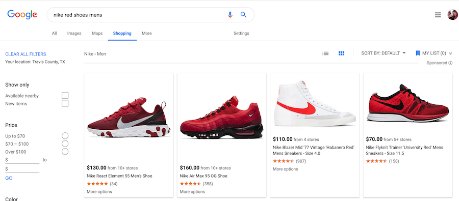 Google shopping ads search results for Nike red shoes mens. Four advertisements with a photograph of the product, the name of the specific type of Nike shoes, the price, rating, and the stores which have them available. 