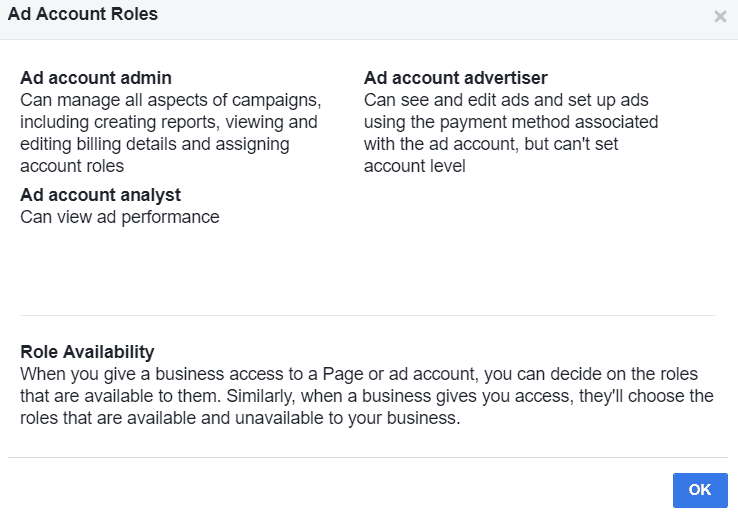 Facebook Ad Account Roles. Ad Account Admin, Ad Account Advertiser, Ad Account Analyst.