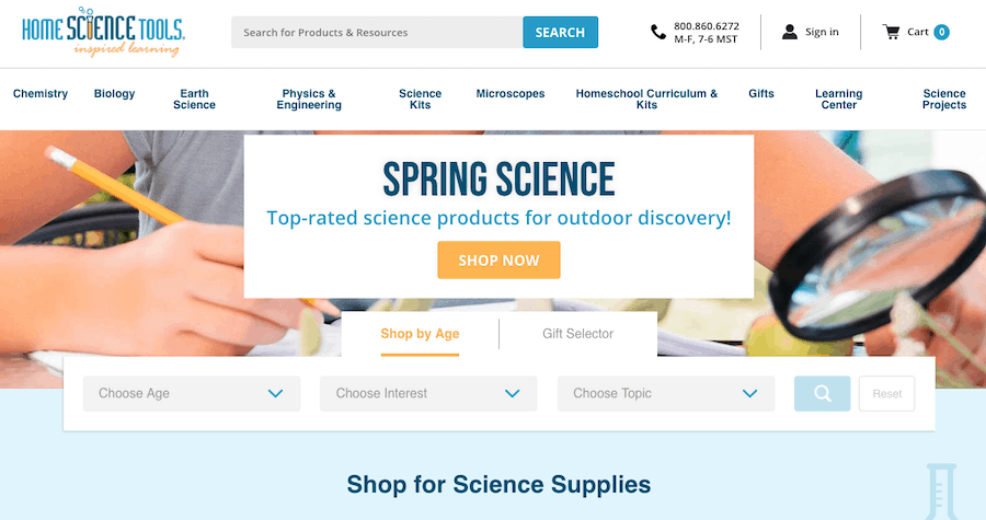 Home Science Tools homepage screenshot. 10 menu tabs across the top. The ninth tab is labeled Learning Center. 