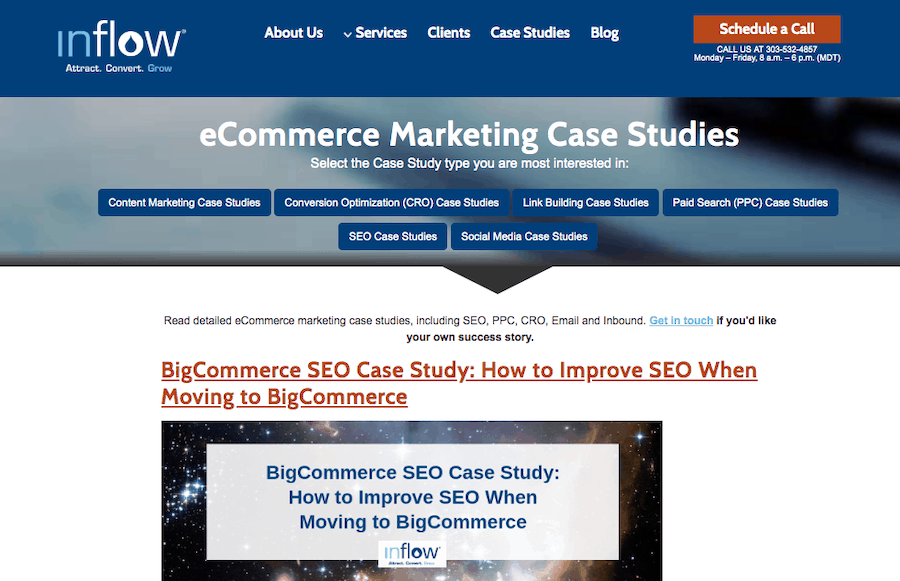 Inflow eCommerce Marketing Case Studies page screenshot. Beneath the title text states: "Select the Case Study type you are most interested in" followed by six types of case studies.