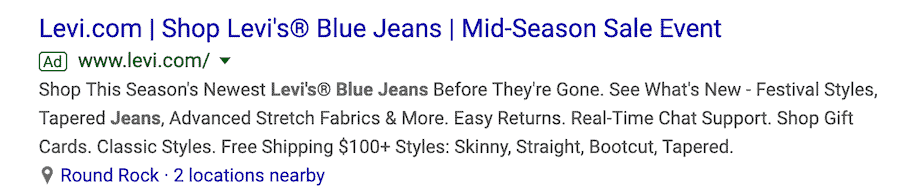 Google search result text ad with the title Levi.com, shop Levi's Blue Jeans, Mid-season Sale Event followed by three lines of text. 