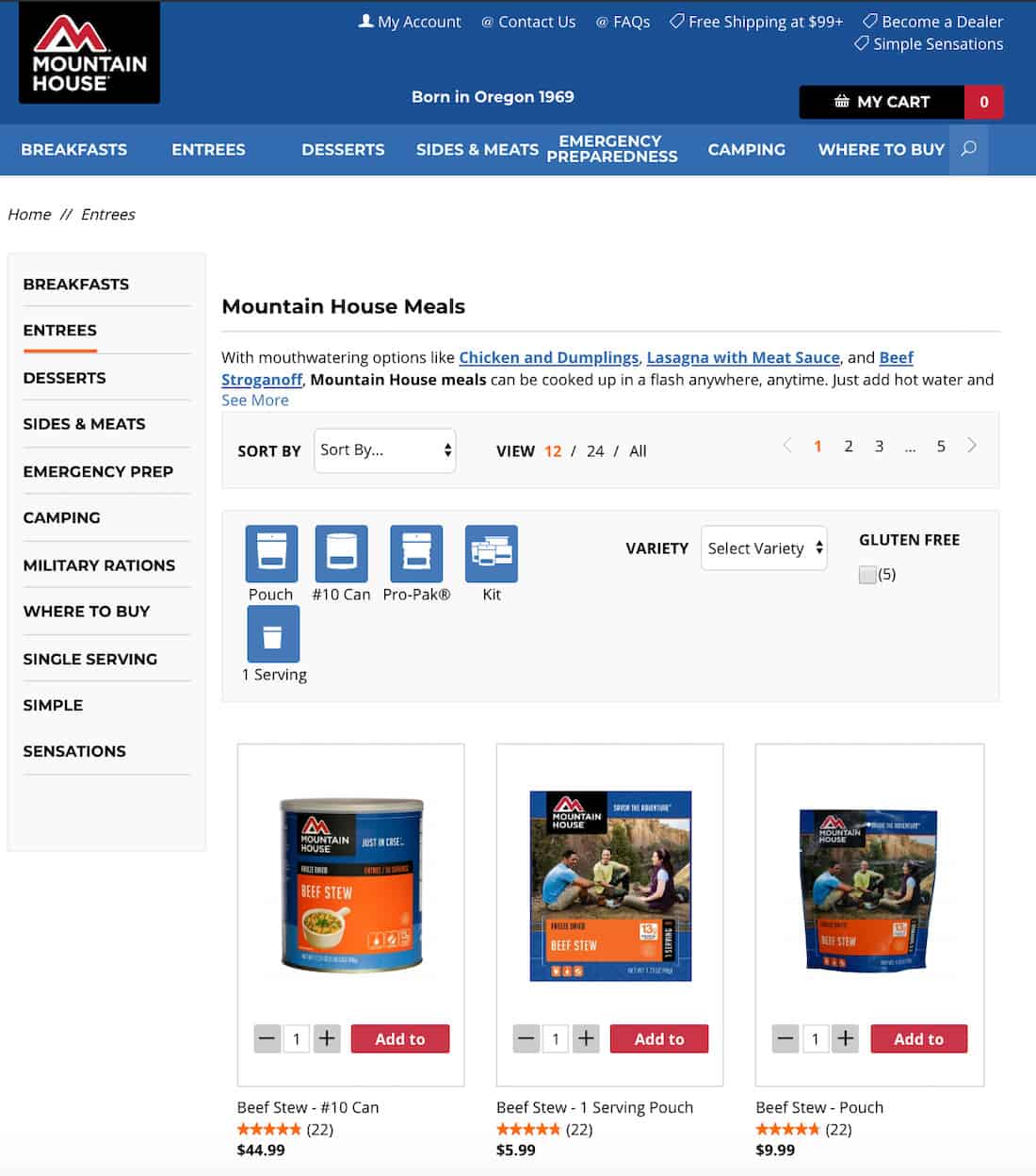 Mountain House Entrees page screenshot. Beneath the top menu bar, text states Mountain House Meals and lists the products.  