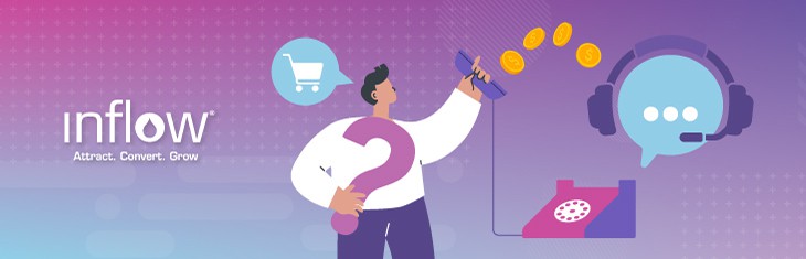 Illustration of a human figure holding a question mark and thinking about a shopping cart holding a landline phone, which connects him to a thought bubble wearing headphones. Logo: Inflow. Attract. Convert. Grow.