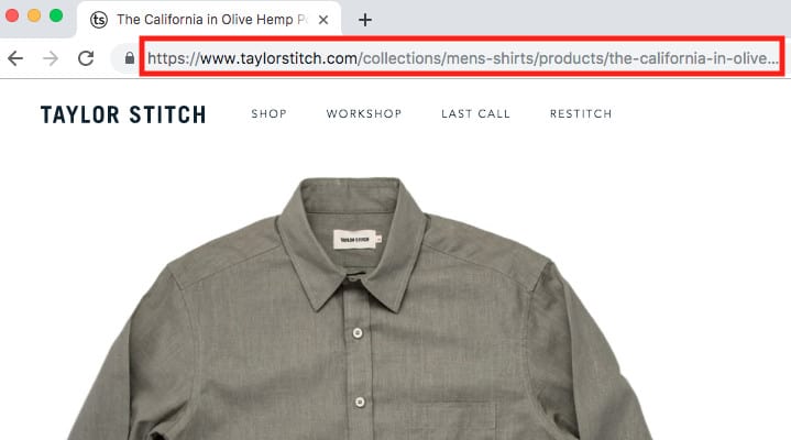ecommerce-migration-checklist-1 Taylor Stitch website screenshot with the U R L: https://www.taylorstitch.com/collections/mens-shirts/products/the-california-in-olive?