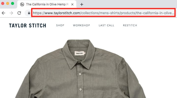 Taylor Stitch website screenshot with the U R L: https://www.taylorstitch.com/collections/mens-shirts/products/the-california-in-olive?