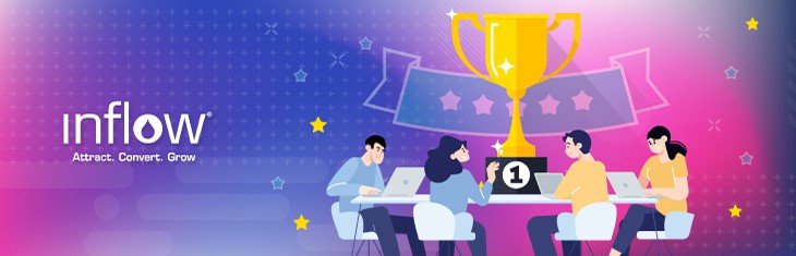 Illustration of human figures sitting at a desk on their laptops. Above them hovers a first place trophy. Logo: Inflow. Attract. Convert. Grow.