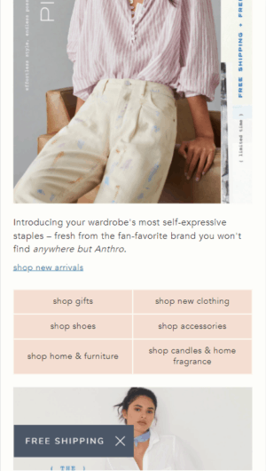 Anthropologie A screenshot of Anthropologie mobile homepage. A photograph at the top of a woman modeling clothes, beneath which is a short text describing Anthropologie's clothes. Below this are six categories of products.