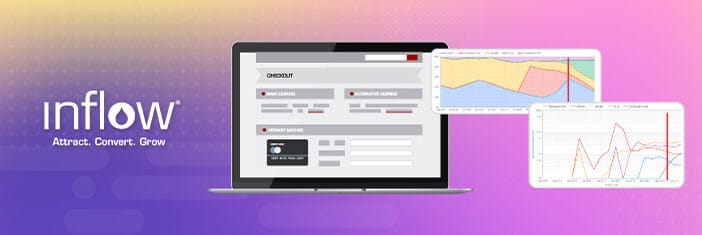 Laptop screen with checkout page displayed, accompanied by two charts showing channel conversion rate growth.