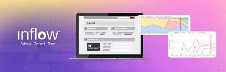 Laptop screen with checkout page displayed, accompanied by two charts showing channel conversion rate growth.