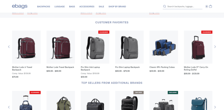 Ebags desktop product page screenshot. Products are displayed under two categories titled: Customer Favorites and Top sellers from additional brands.