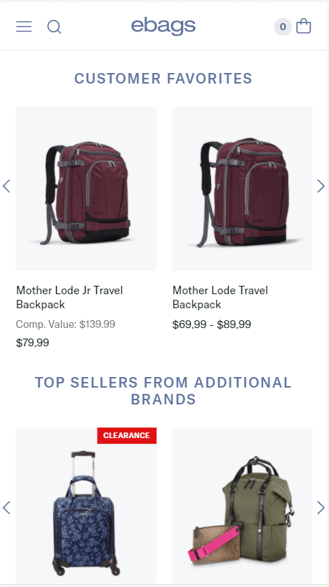 ebags Ebags mobile product page screenshot. Products are displayed under two categories titled: Customer Favorites and Top sellers from additional brands.