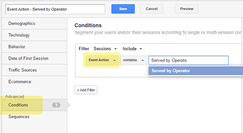 Zendesk screenshot. In the left panel under Advanced, Conditions is selected. In the main screen titled conditions, event action is selected from a option list, followed by contains, and then by a textbox with the text Served by operator. 