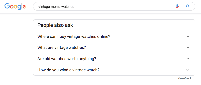 Google search: "vintage men's watches" results in multiple "people also ask" questions.